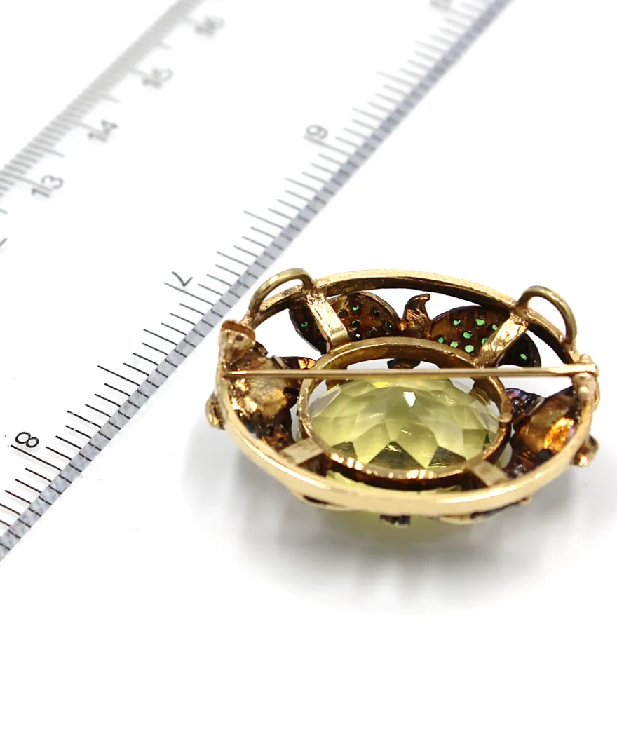 20 Carat Lime Citrine Brooch with Tsavorites and Diamonds