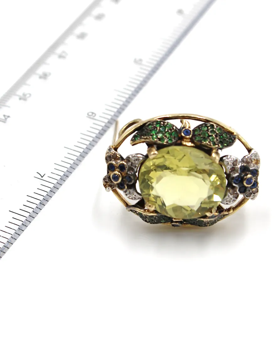 20 Carat Lime Citrine Brooch with Tsavorites and Diamonds