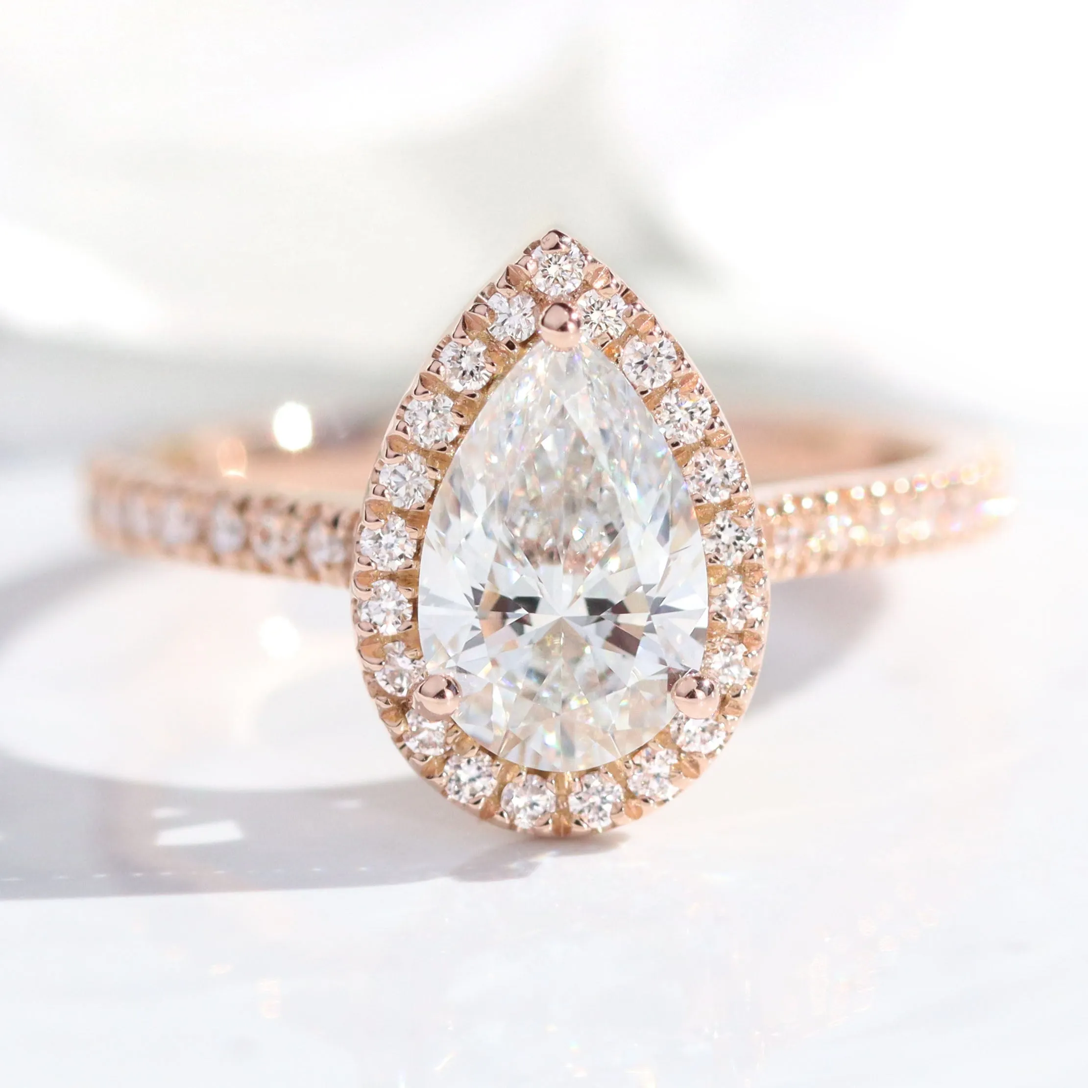 2.14 Ct Halo Pear Diamond Ring Set w/ Lab Diamond and Large Tiara Wedding Band