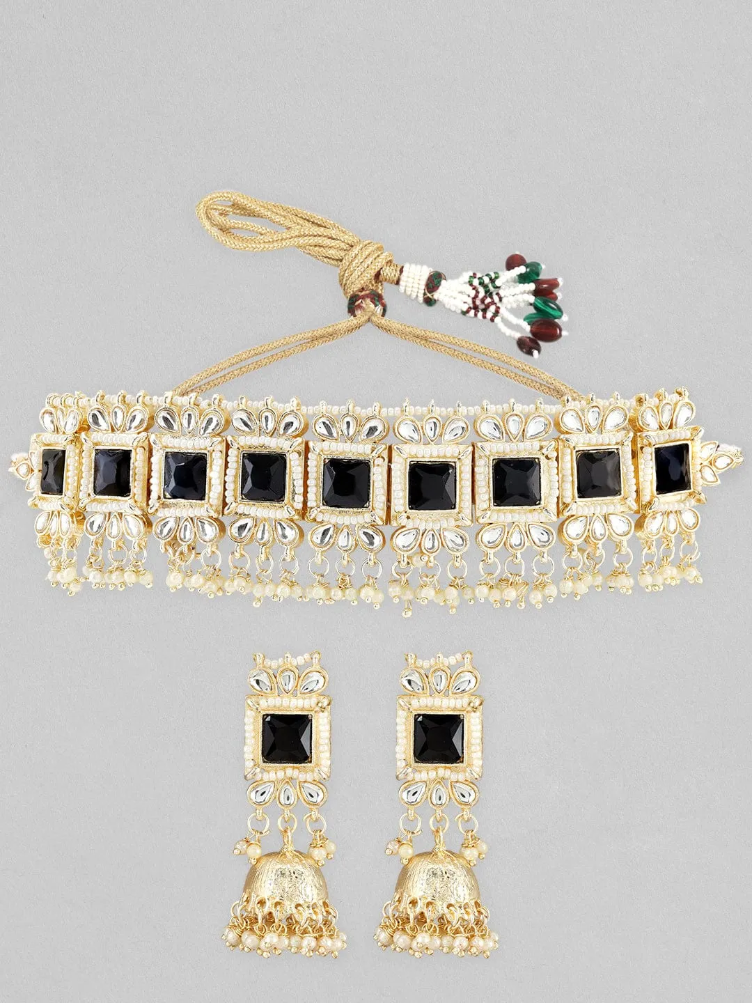 22K Gold-Plated Black Stone Kundan Choker Set with Pearls and Matching Jhumka Earrings