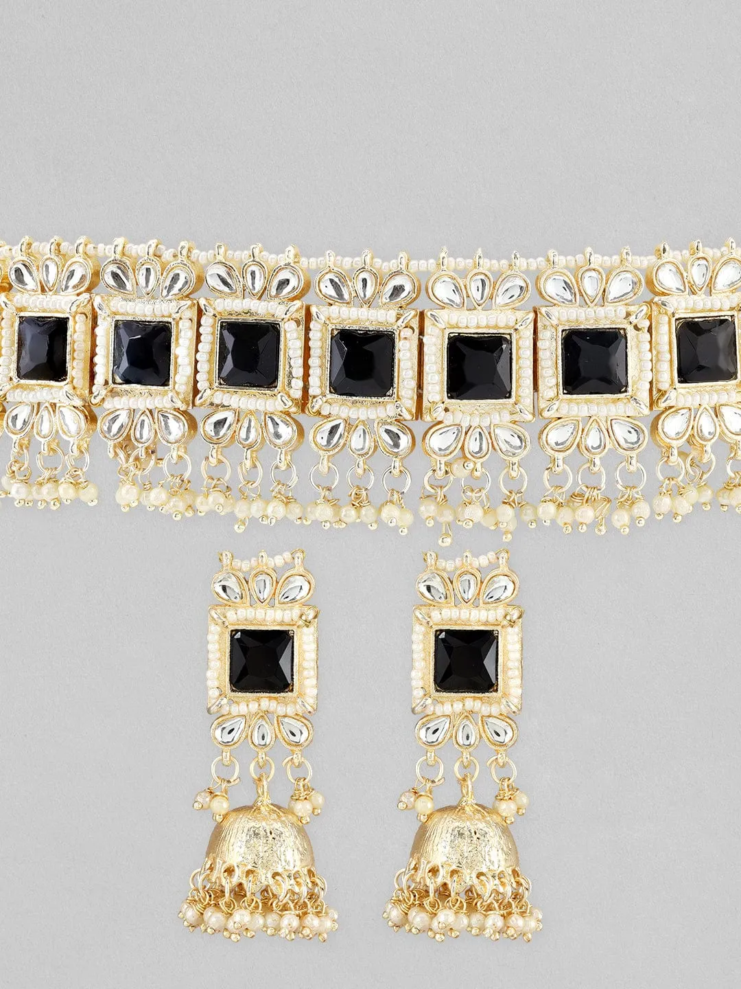 22K Gold-Plated Black Stone Kundan Choker Set with Pearls and Matching Jhumka Earrings