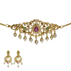 22K Yellow Antique Gold 2-in-1 Choker/Vanki & Chandbali Earrings Set W/ Emerald, Ruby, CZ, Pearls & Open Starburst Design