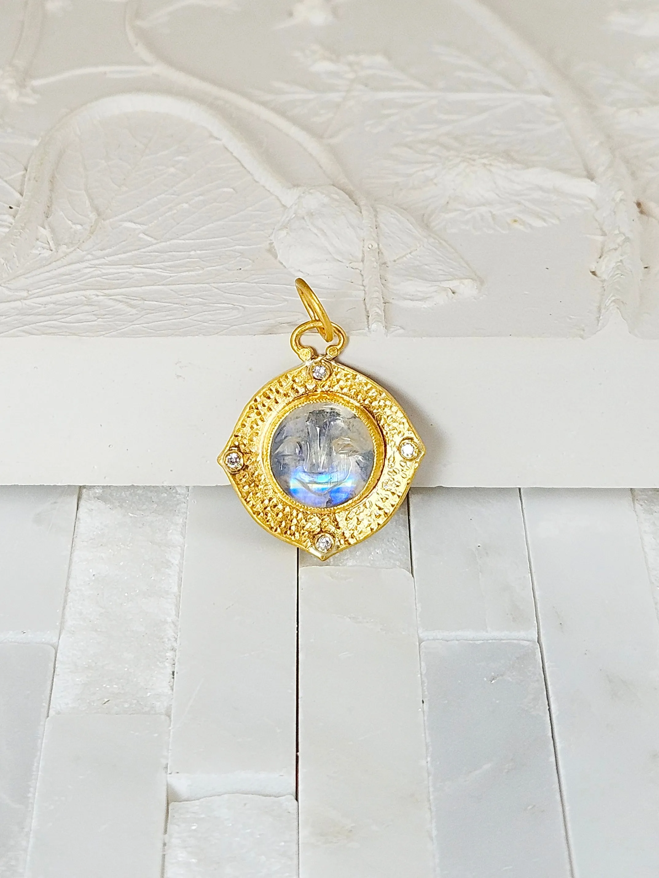 24K Gold Rainbow Moonstone Pendant with Diamond & Sterling Silver - Carved Moon Face Intaglio