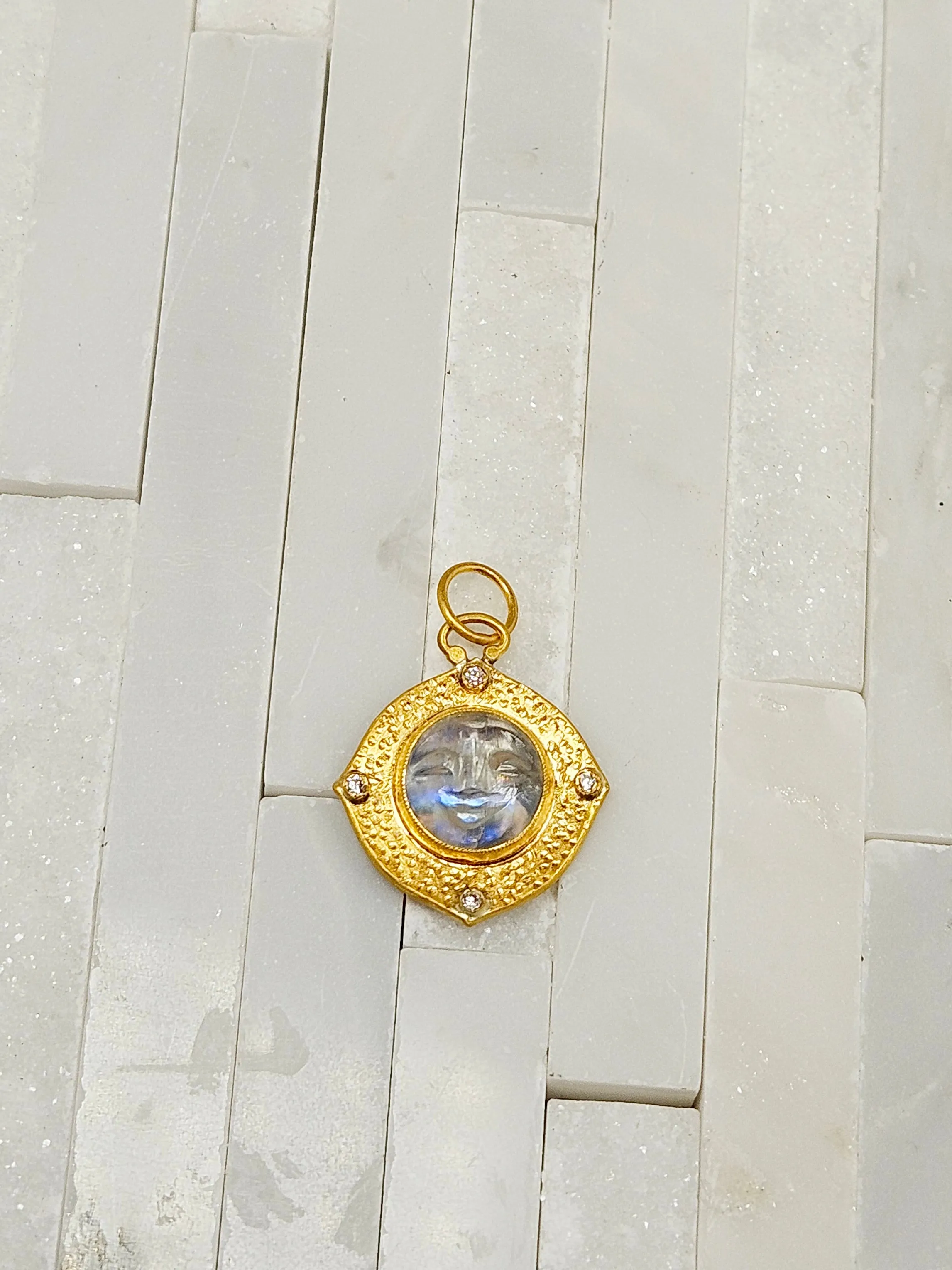 24K Gold Rainbow Moonstone Pendant with Diamond & Sterling Silver - Carved Moon Face Intaglio