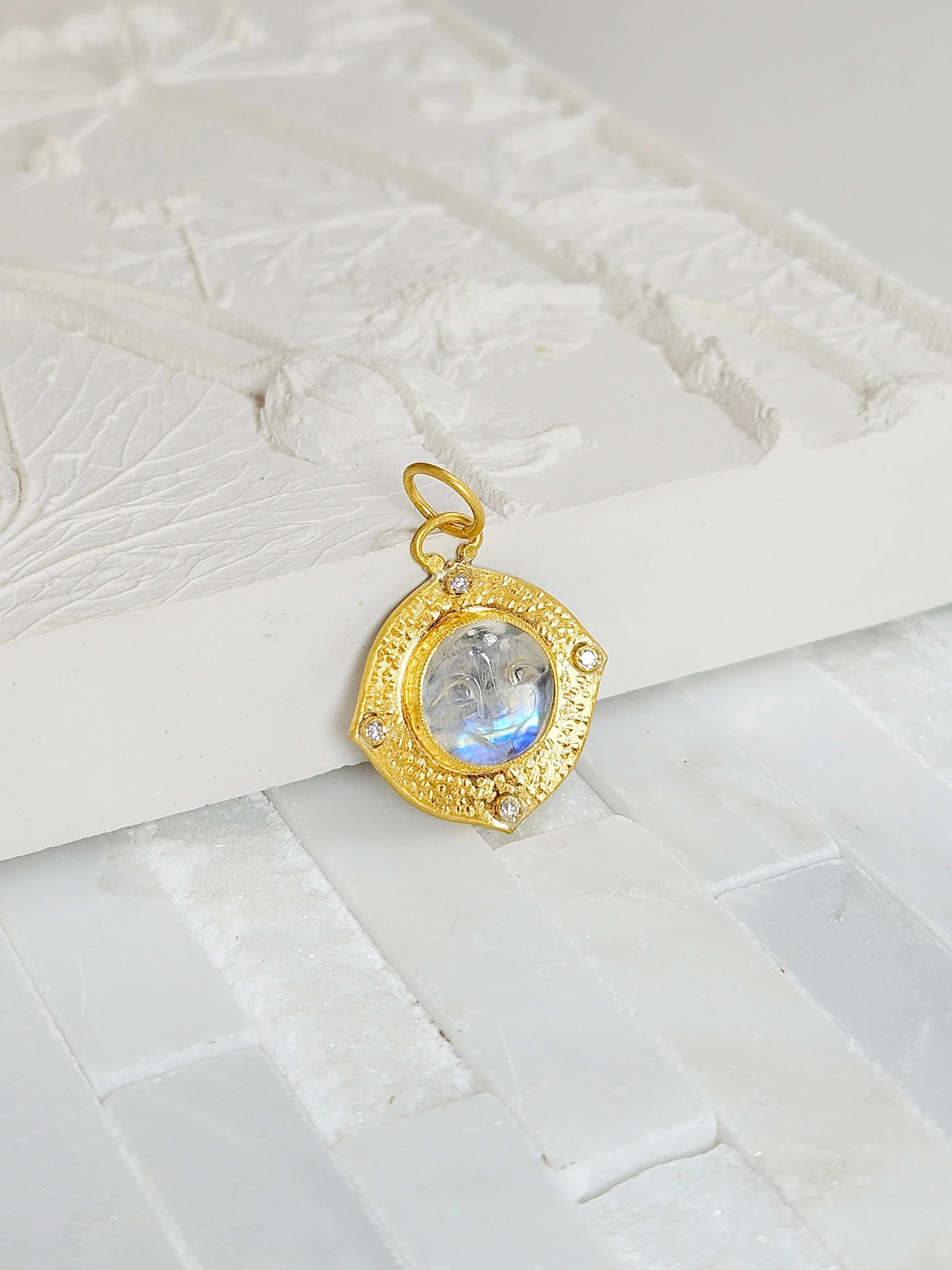 24K Gold Rainbow Moonstone Pendant with Diamond & Sterling Silver - Carved Moon Face Intaglio