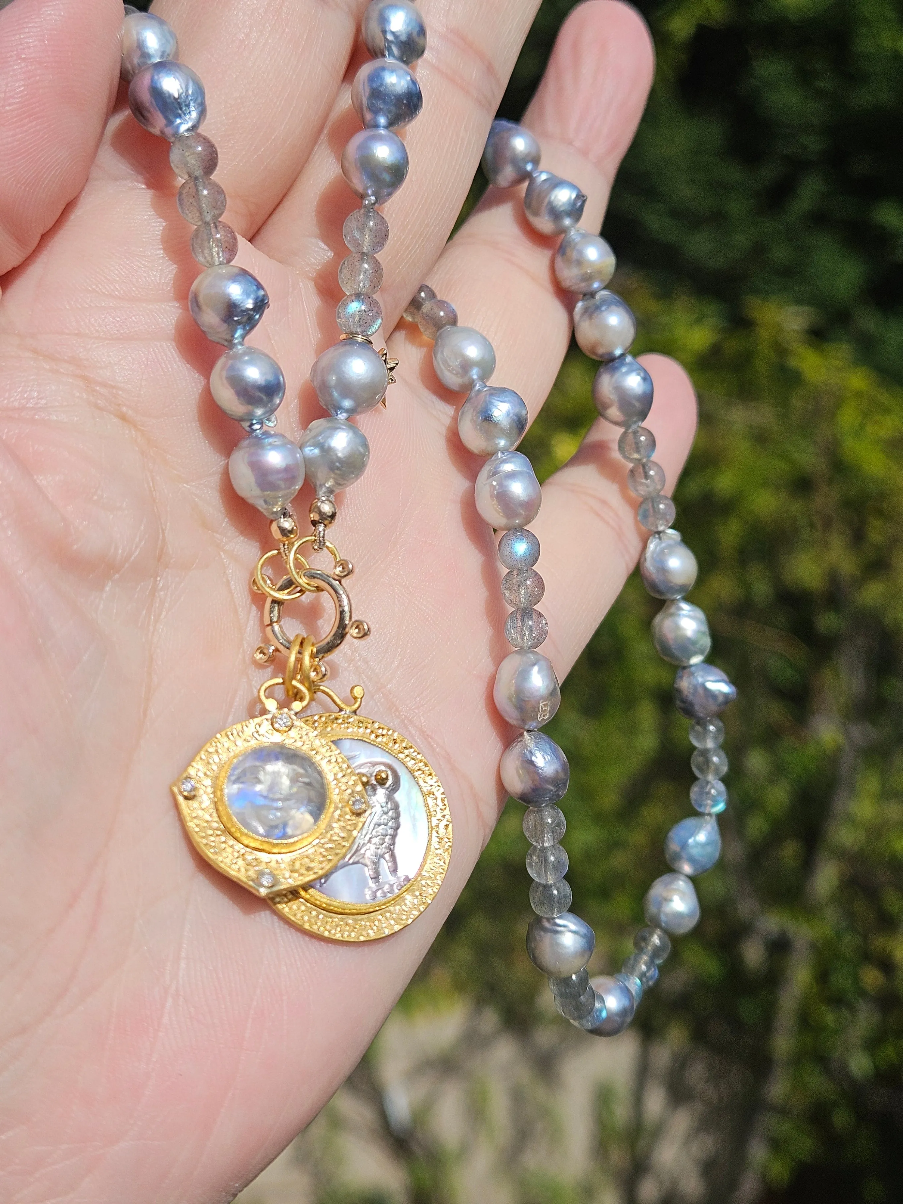 24K Gold Rainbow Moonstone Pendant with Diamond & Sterling Silver - Carved Moon Face Intaglio