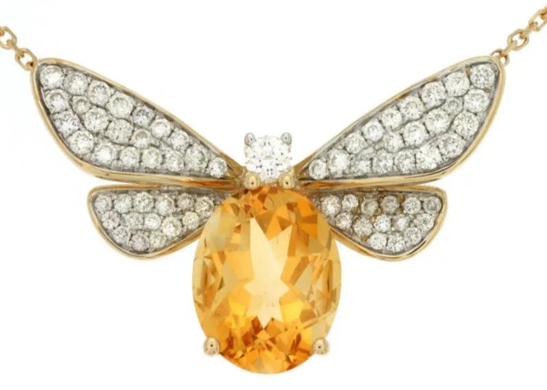 2.84CT DIAMOND & AAA CITRINE 14KT YELLOW GOLD 3D OVAL & ROUND BUTTERFLY NECKLACE