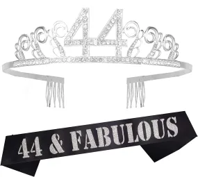 44th Birthday Gifts for Women, 44th Birthday Tiara and Sash silver, HAPPY 44th Birthday