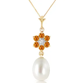 4.53 Carat 14K Solid Yellow Gold Necklace Natural Pearl, Citrine Diamond