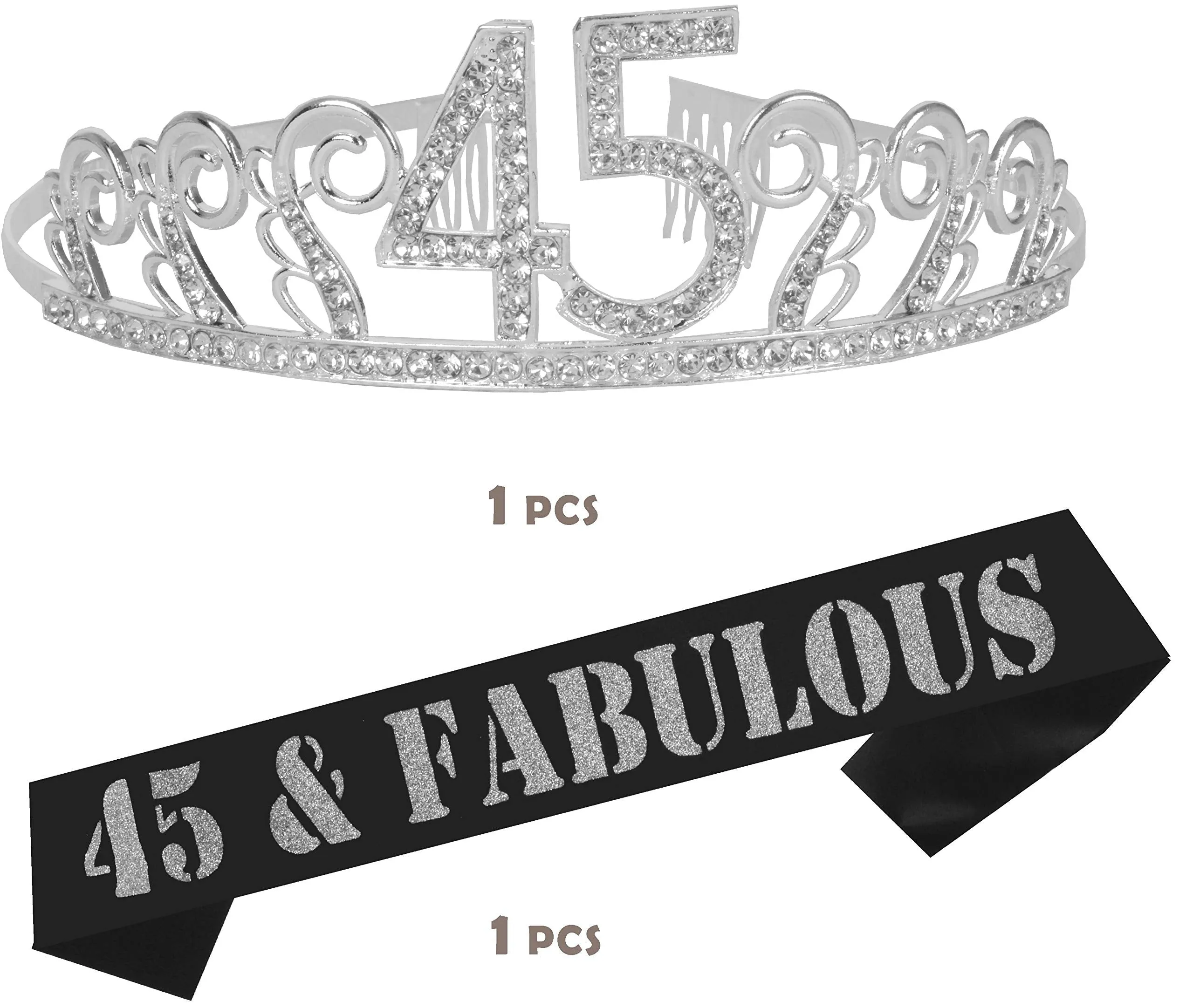 45th Birthday Gifts for Women, 45th Birthday Tiara and Sash, Happy 45th Birthday Party