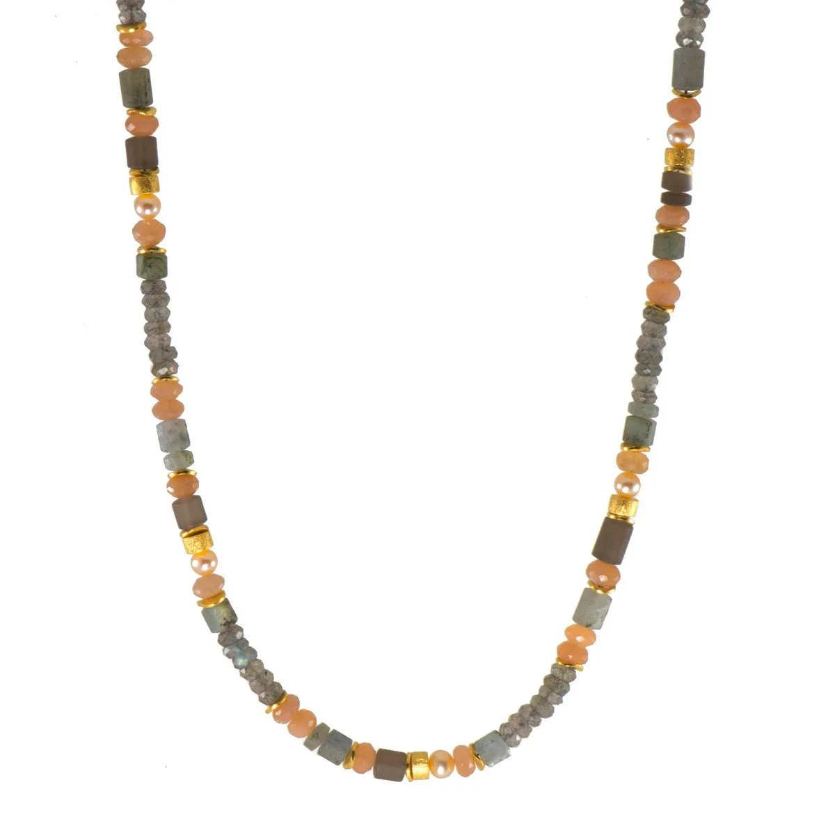 5mm Labradorite, Moonstone, Smokey Quartz & Natural Colored Pearl 24K Gold Vermeil Necklace