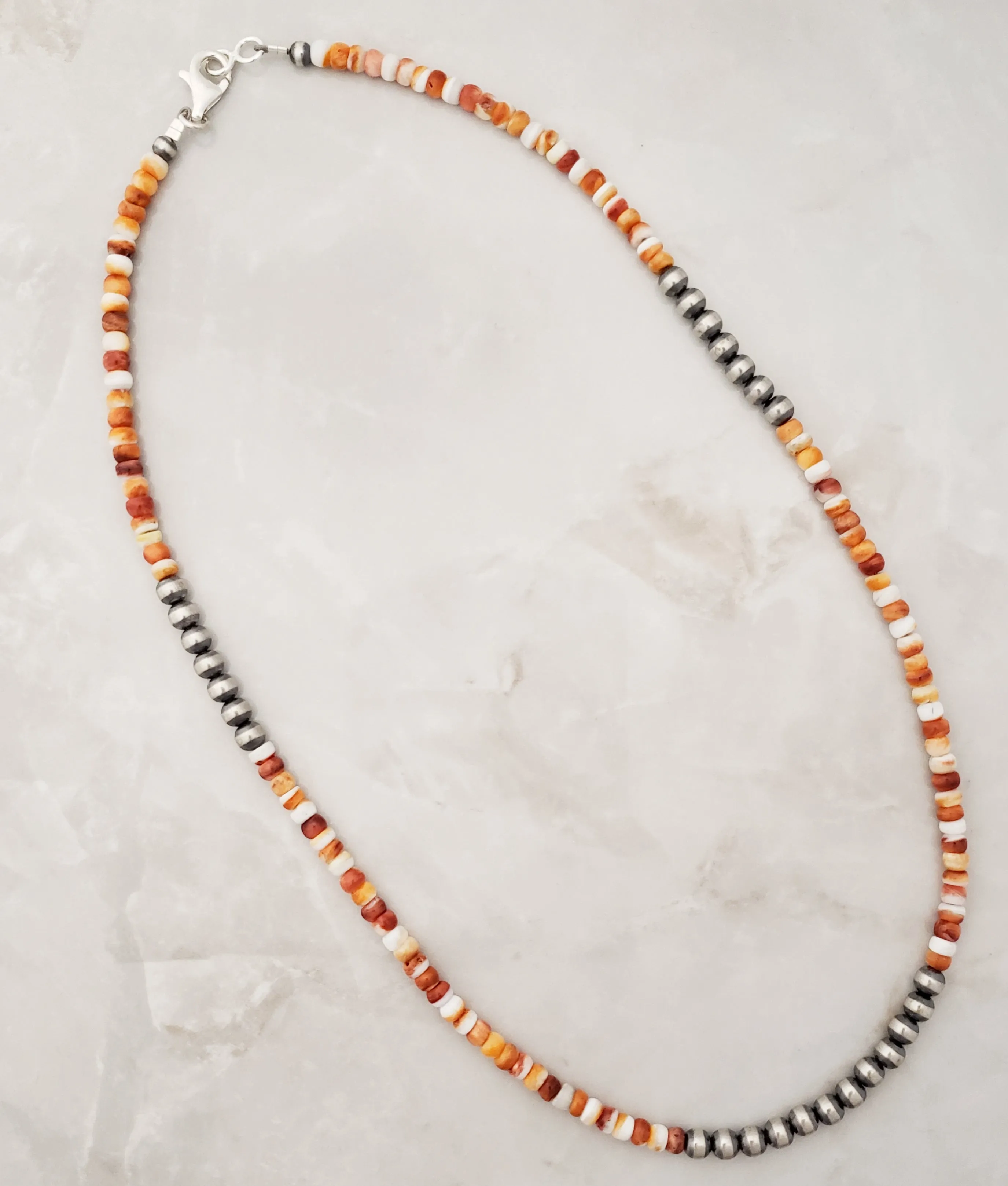 5mm Navajo Pearls & Orange Spiny Oyster 20" Necklace Sterling Silver