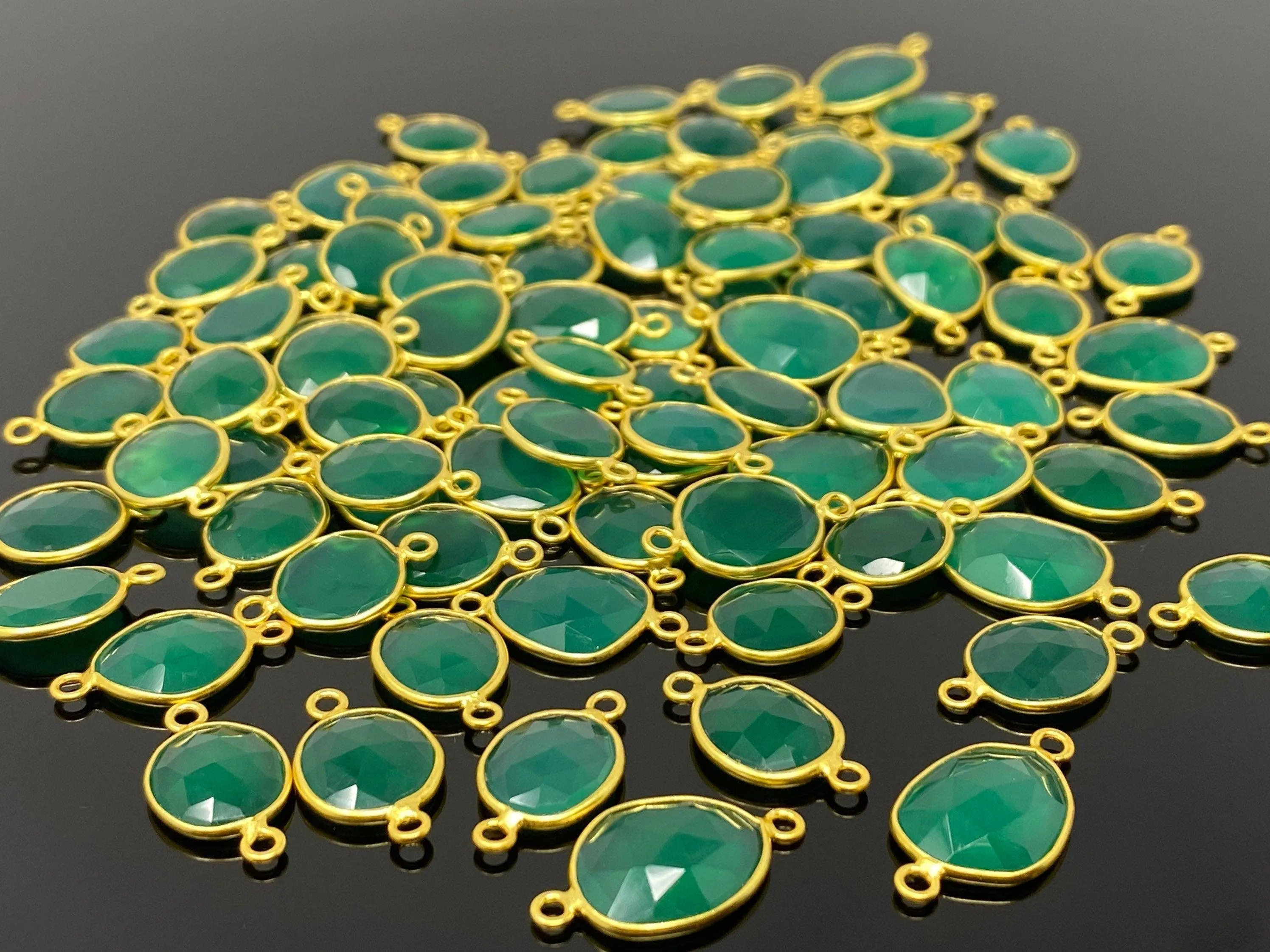 5Pcs/10Pcs Green Onyx Connectors, Gold Plated over Sterling Silver,