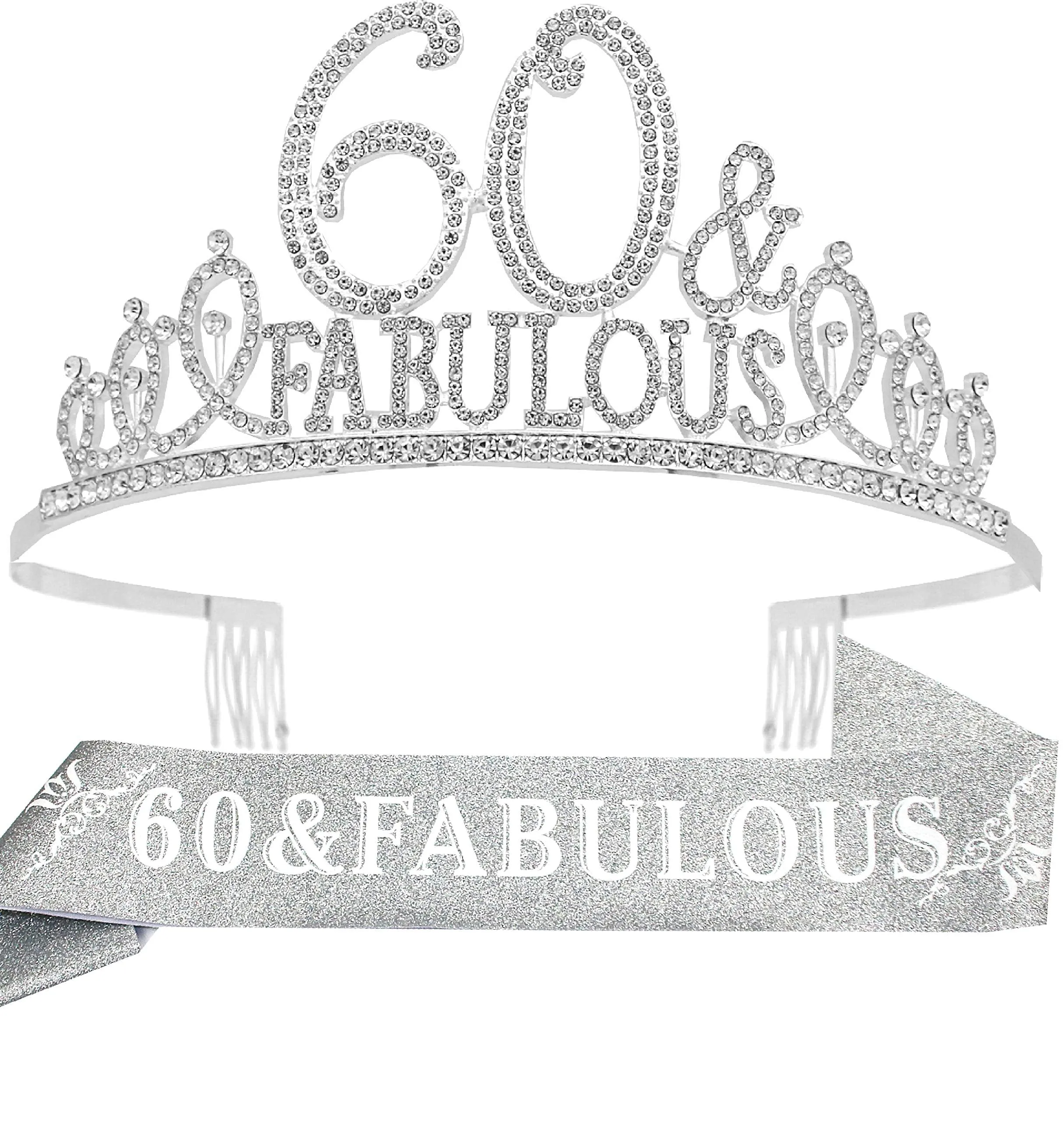 60th Birthday Gifts for Women,60th Birthday Tiara and Sash Silver,60th Birthday