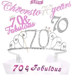 70th Birthday Decorations Party Supplies, Silver 70th Birthday Tiara, 70th Satin Sash