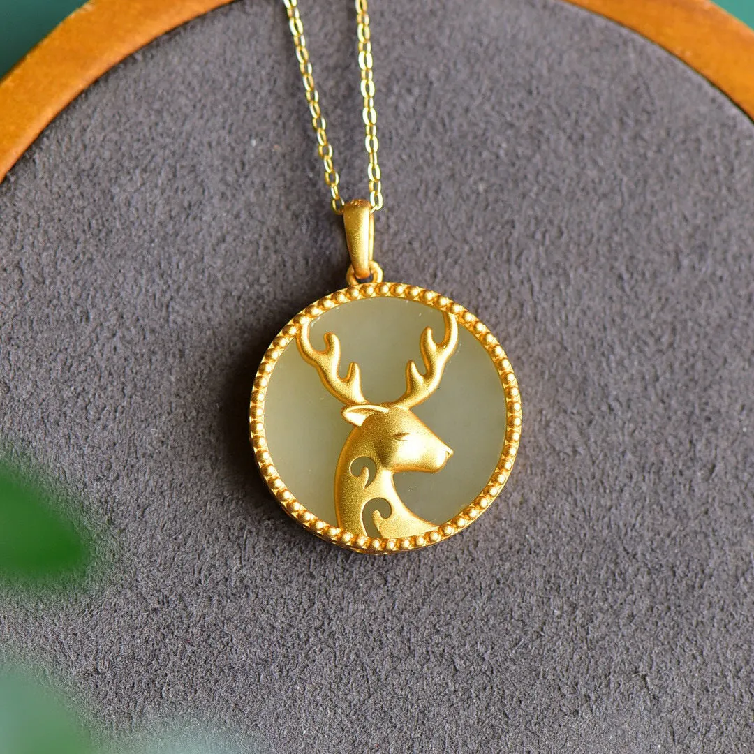 A Natural Hetian Jade Deer Round Pendant Set In Antique Gilt