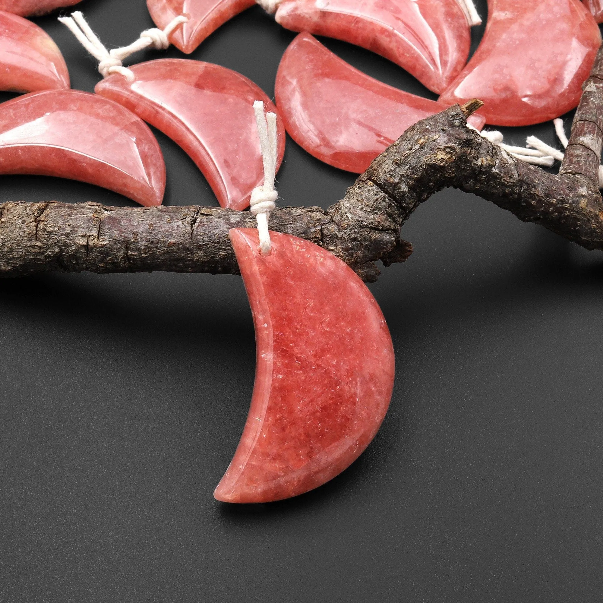 AAA Gemmy Natural Red Rhodochrosite Crescent Moon Gemstone Pendant A1