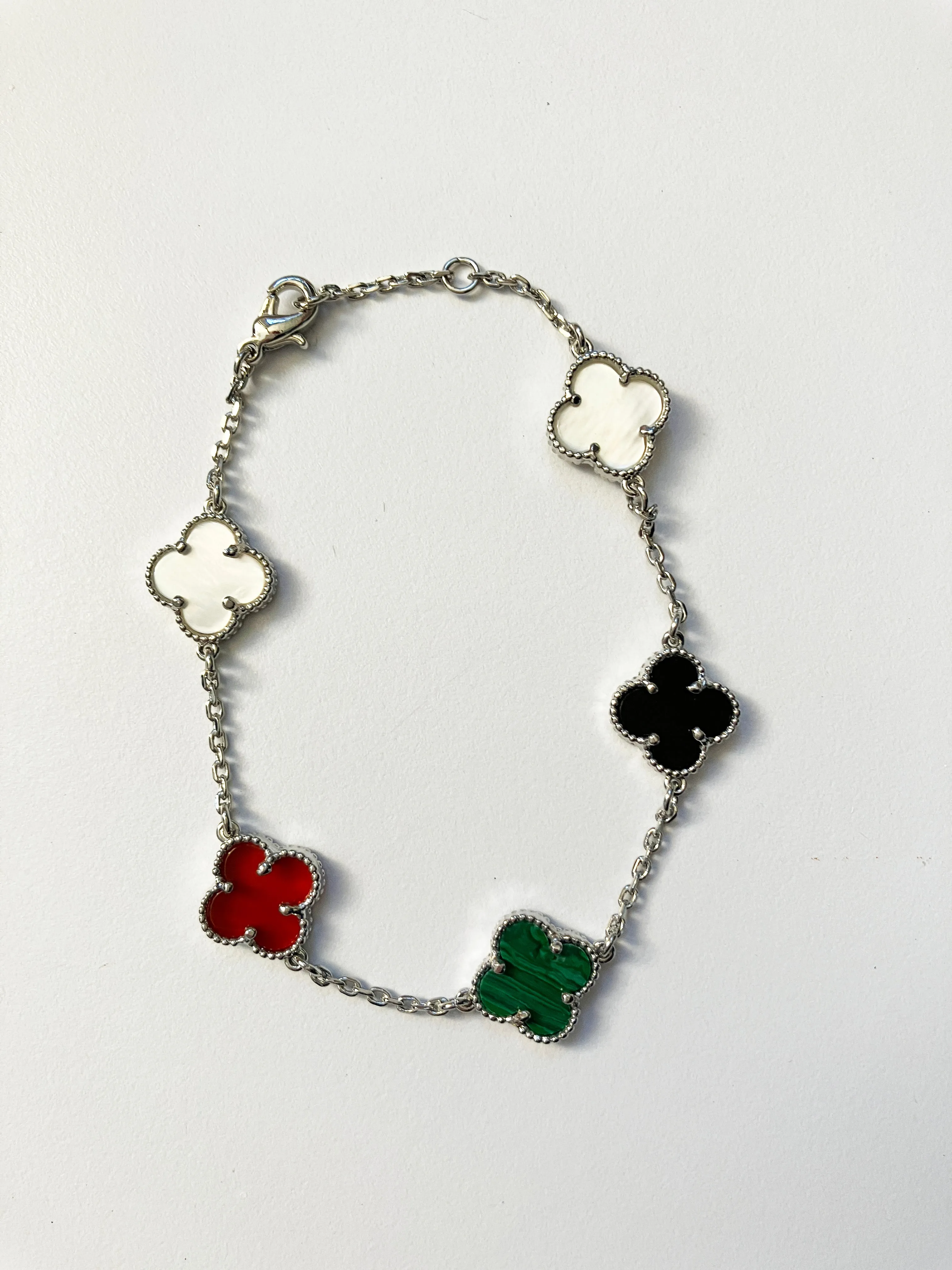 Adjustable 7.5" Onyx, Carnelian, Malachite and Mother of Pearl Quatrefoil Bracelet