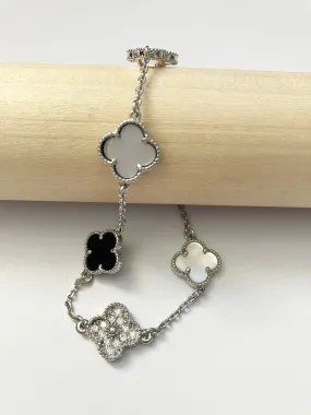 Adjustable 7.5" Onyx, Cubic Zirconium, Mother of Pearl Quatrefoil Bracelet