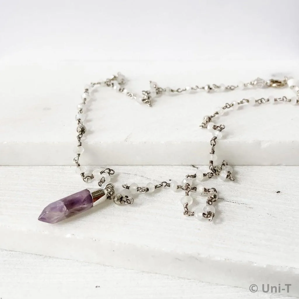 Amethyst Point, Moonstone, Pyrite, Sterling Silver Necklace