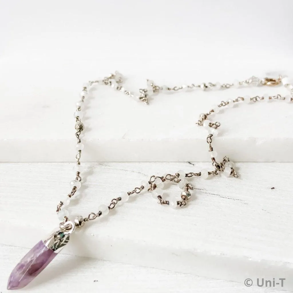 Amethyst Point, Moonstone, Pyrite, Sterling Silver Necklace