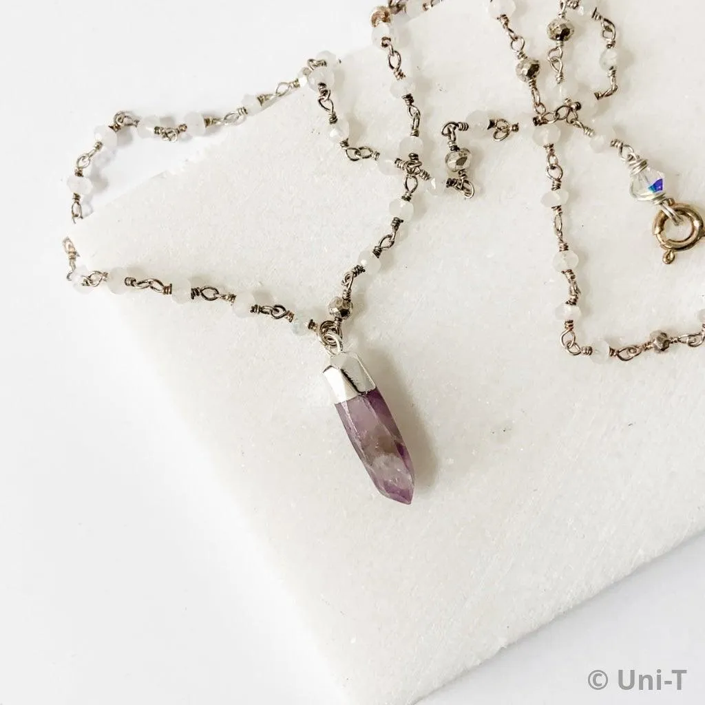 Amethyst Point, Moonstone, Pyrite, Sterling Silver Necklace