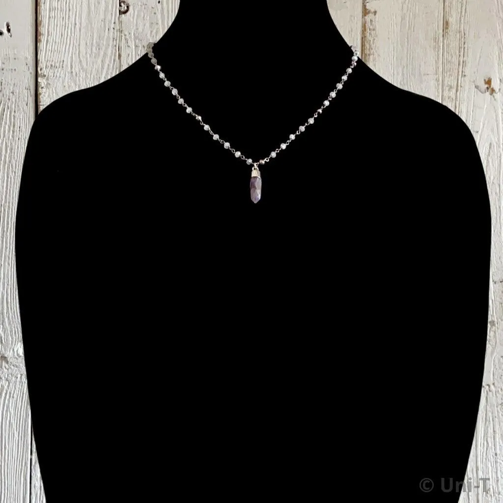 Amethyst Point, Moonstone, Pyrite, Sterling Silver Necklace