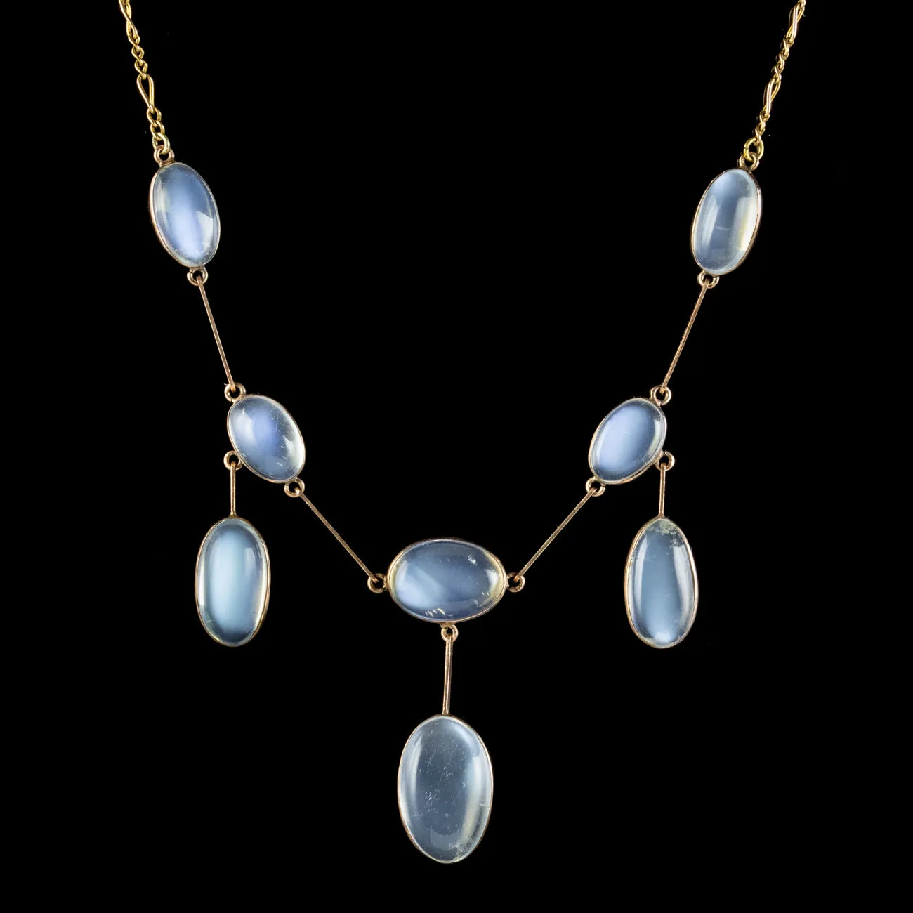 Antique Edwardian Moonstone Lavaliere Necklace 9ct Gold Circa 1905