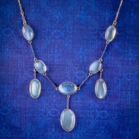 Antique Edwardian Moonstone Lavaliere Necklace 9ct Gold Circa 1905