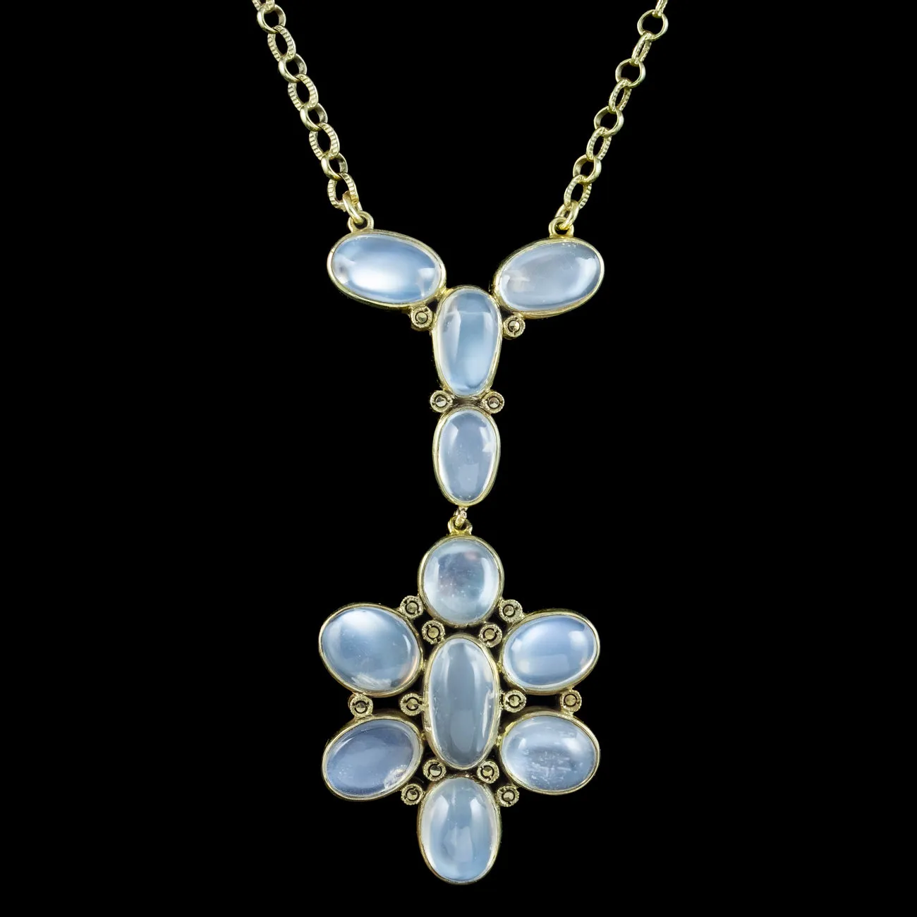 Antique Edwardian Moonstone Lavaliere Pendant Necklace Silver Gold Gilt