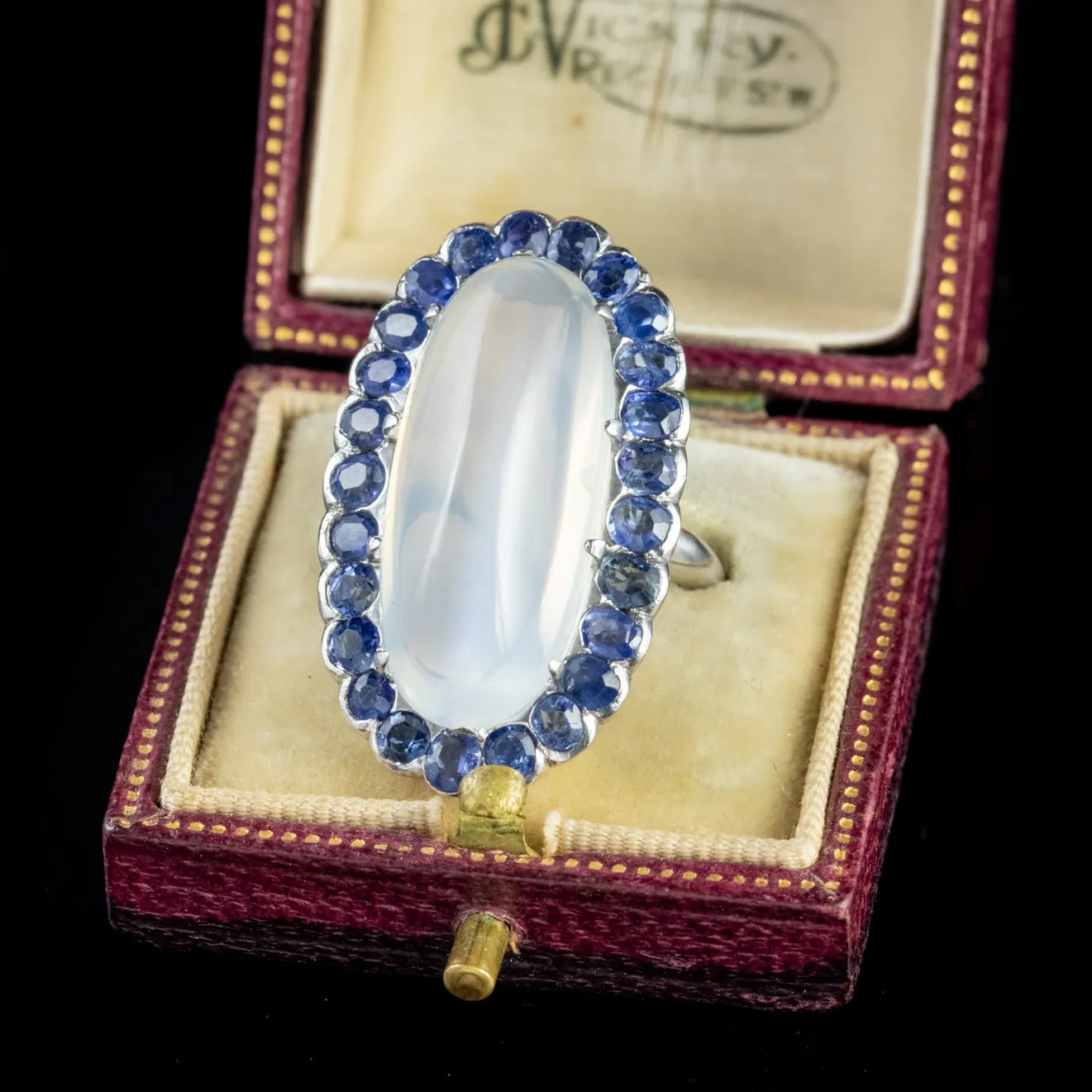 Antique Edwardian Moonstone Sapphire Ring 18Ct White Gold Silver Circa 1915