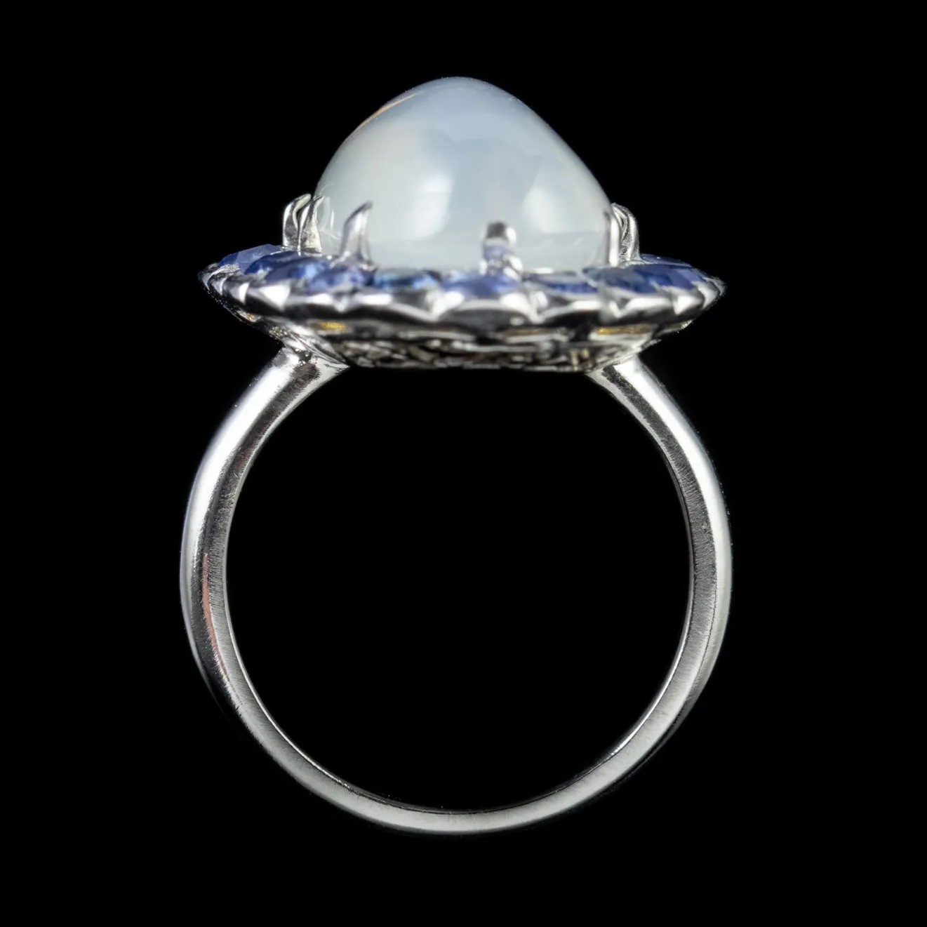 Antique Edwardian Moonstone Sapphire Ring 18Ct White Gold Silver Circa 1915