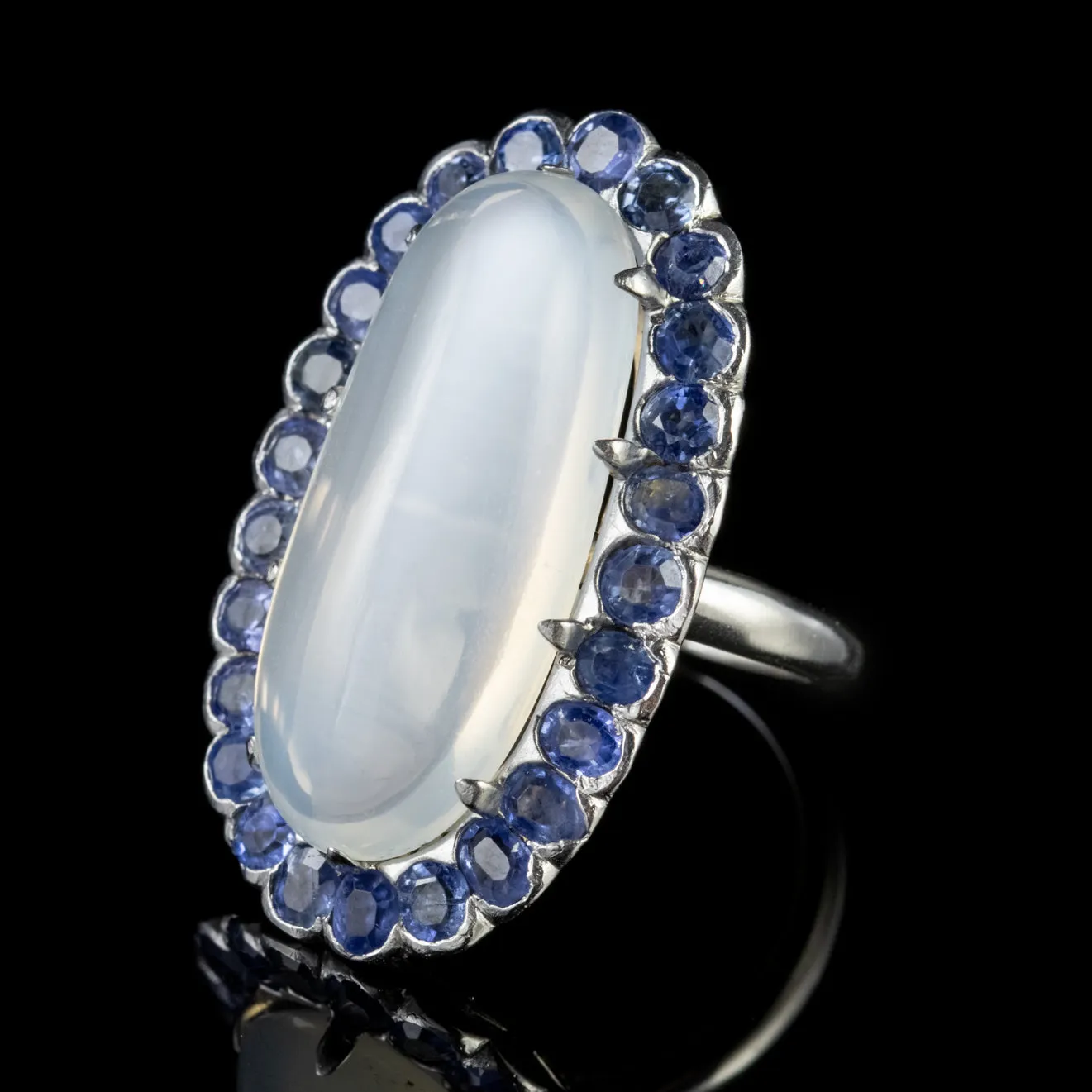 Antique Edwardian Moonstone Sapphire Ring 18Ct White Gold Silver Circa 1915