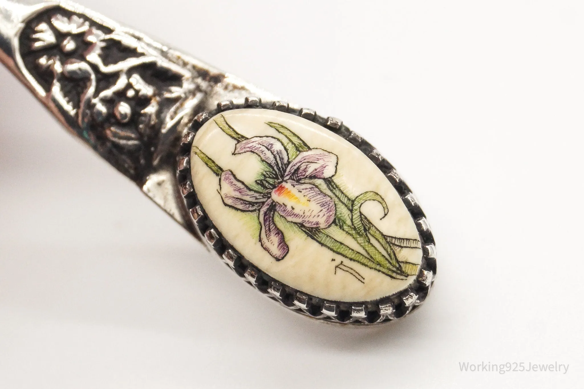 Antique Hand Painted Flower Faux Bone Sterling Silver Pendant