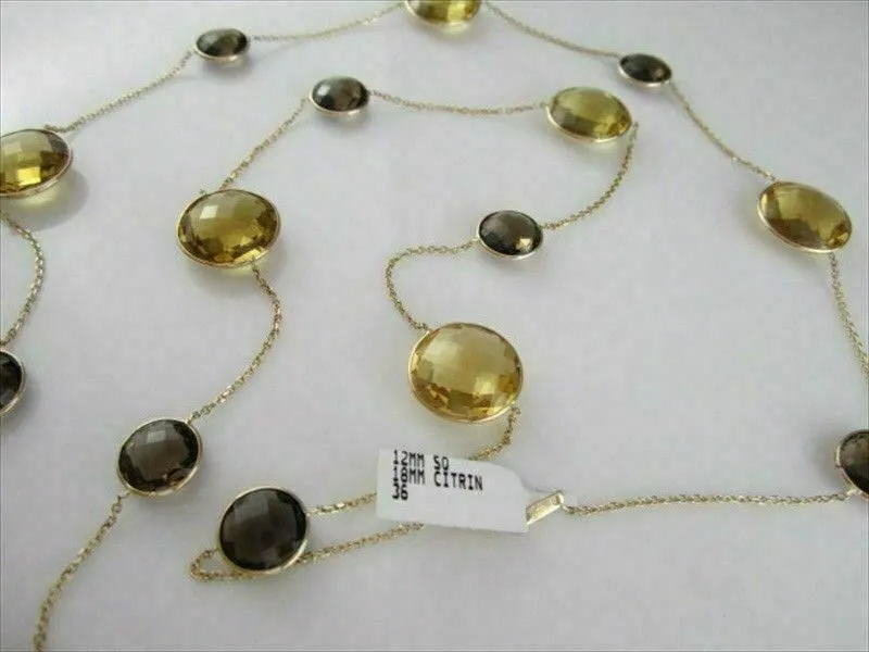 ANTIQUE LONG 125CT SMOKY TOPAZ CITRINE 14K Y NECKLACE