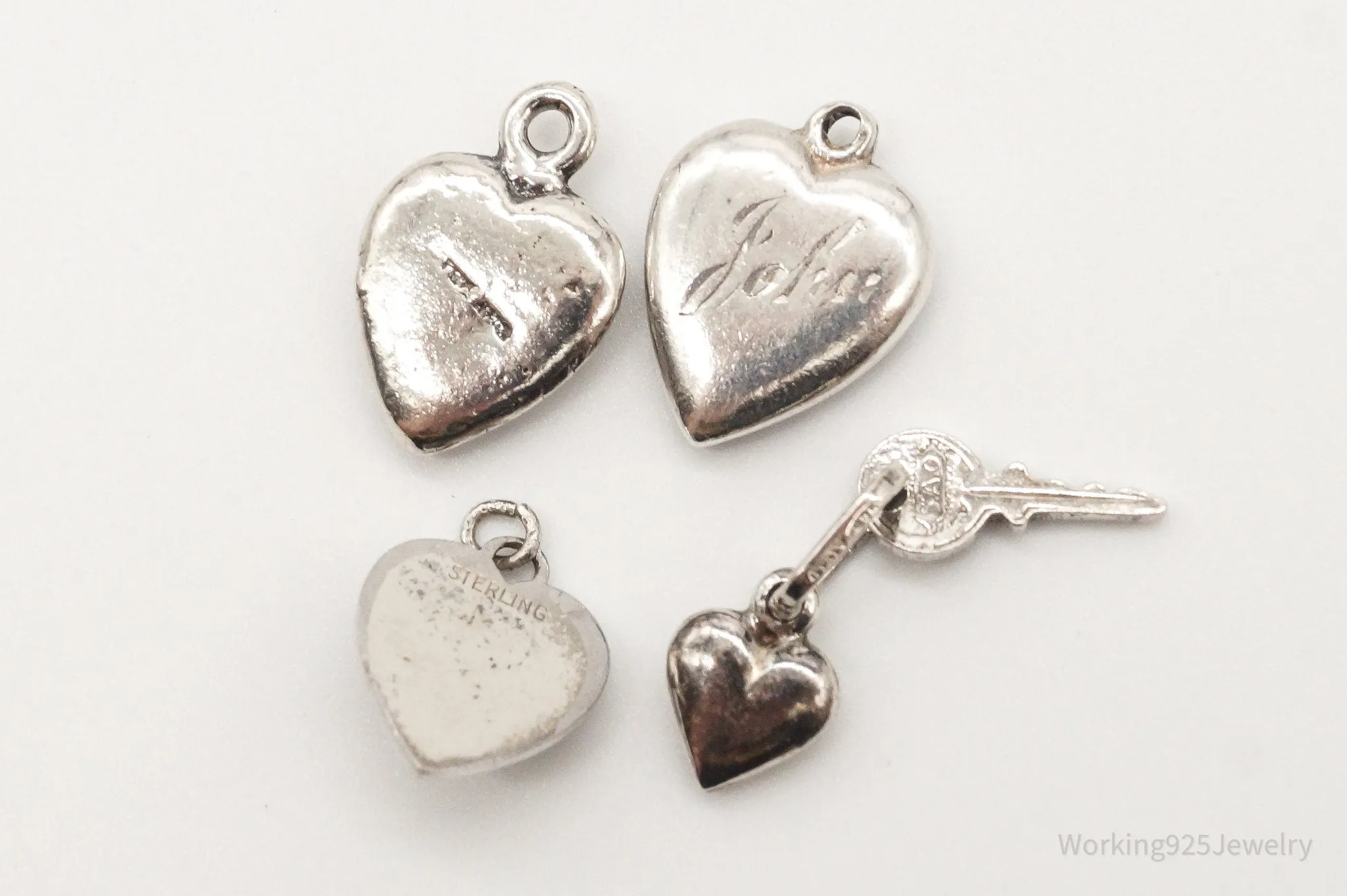 Antique Puffy Hearts Sterling Silver Bracelet Charms Set Lot