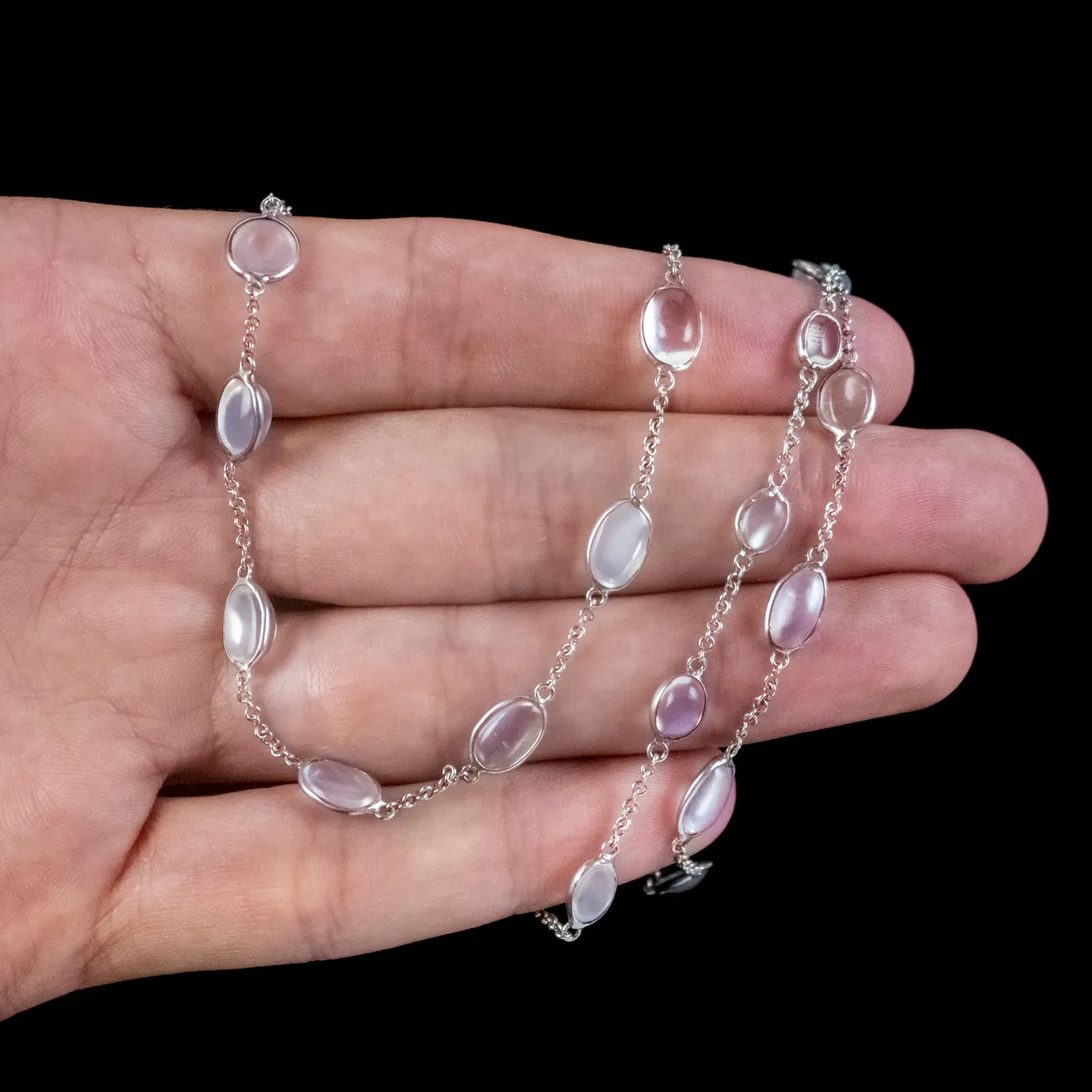 Antique Victorian Long Moonstone Chain Necklace Silver Circa 1900