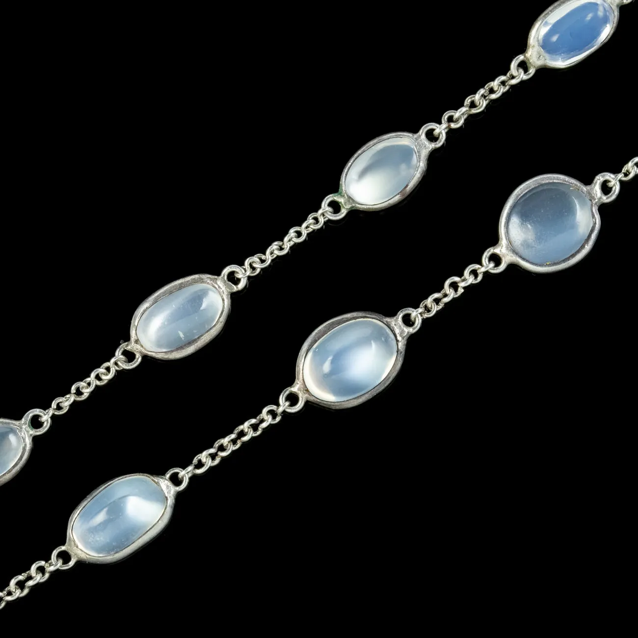 Antique Victorian Long Moonstone Chain Necklace Silver Circa 1900