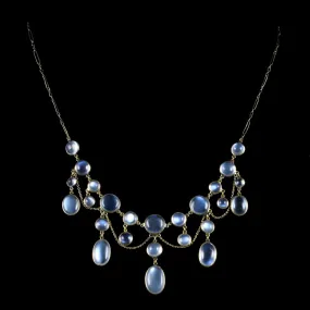 Antique Victorian Moonstone Garland Necklace 9Ct Circa 1890