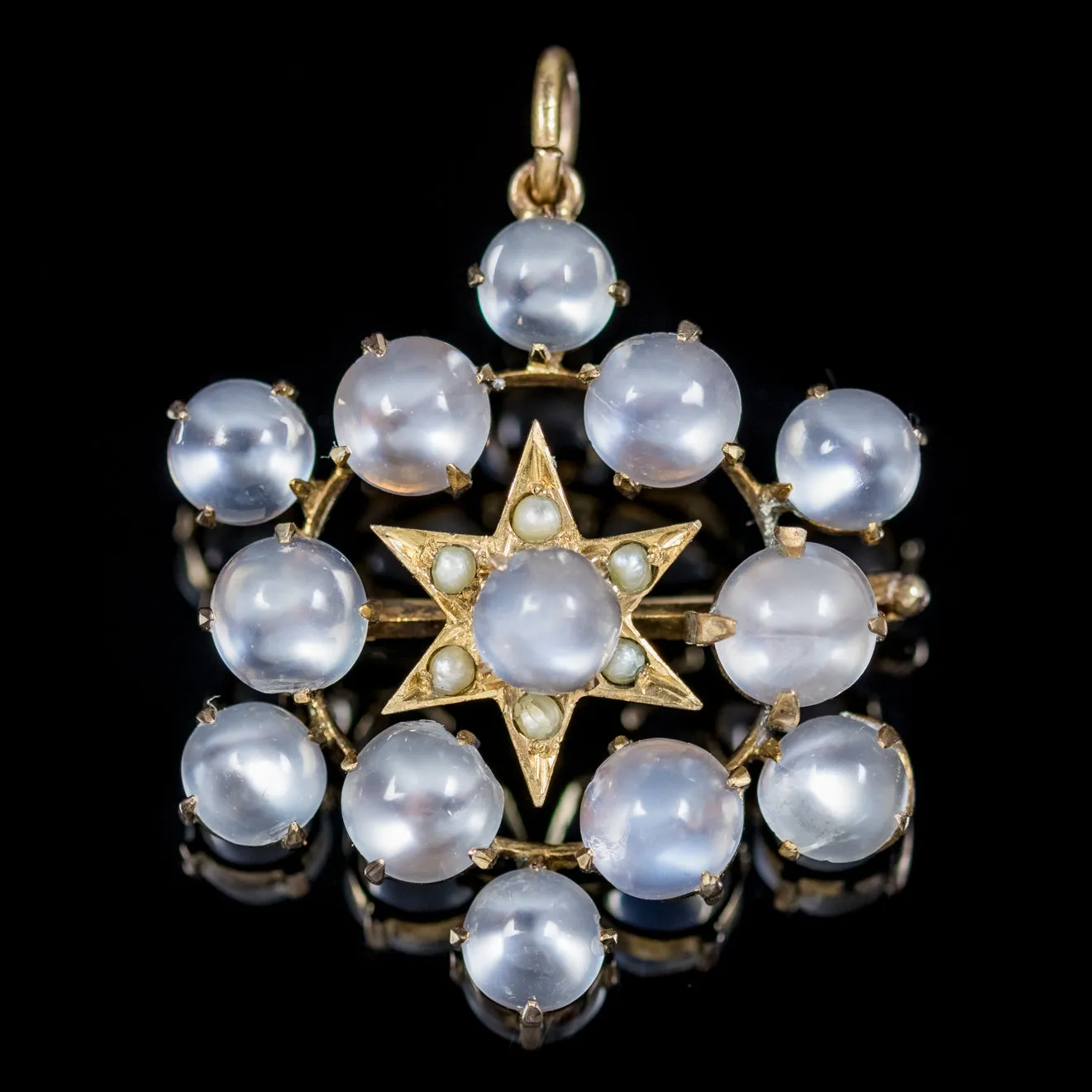 Antique Victorian Moonstone Pearl Star Pendant Brooch 18Ct Gold Circa 1880