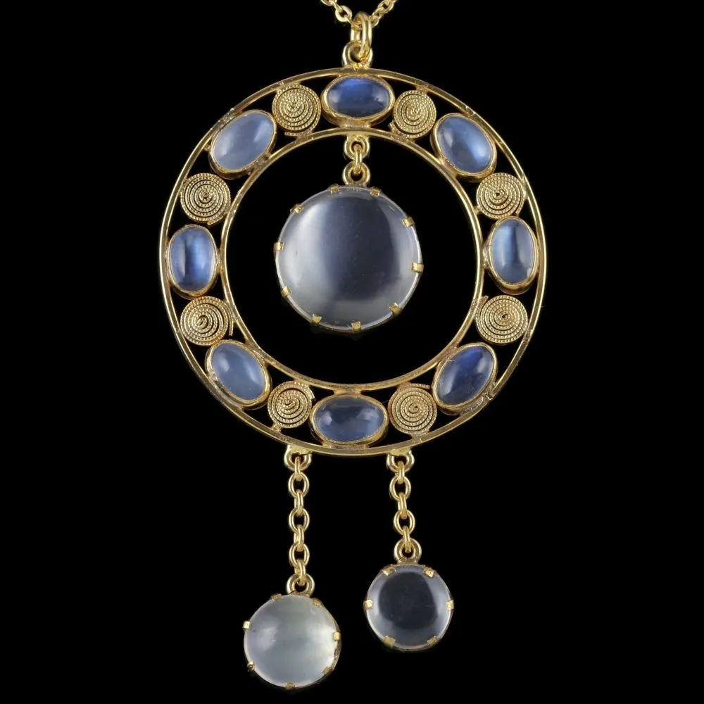 Antique Victorian Moonstone Pendant Necklace 18Ct Gold Silver Circa 1880