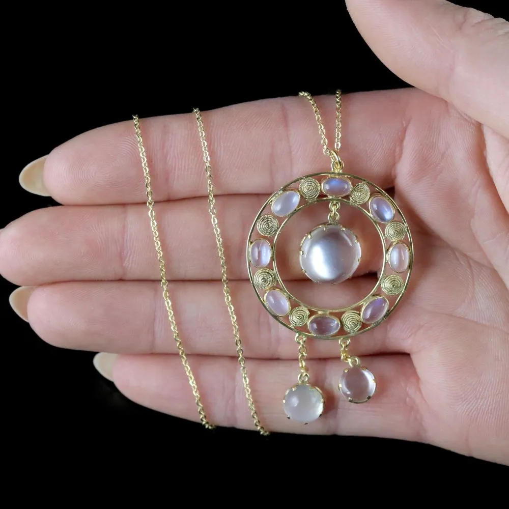 Antique Victorian Moonstone Pendant Necklace 18Ct Gold Silver Circa 1880