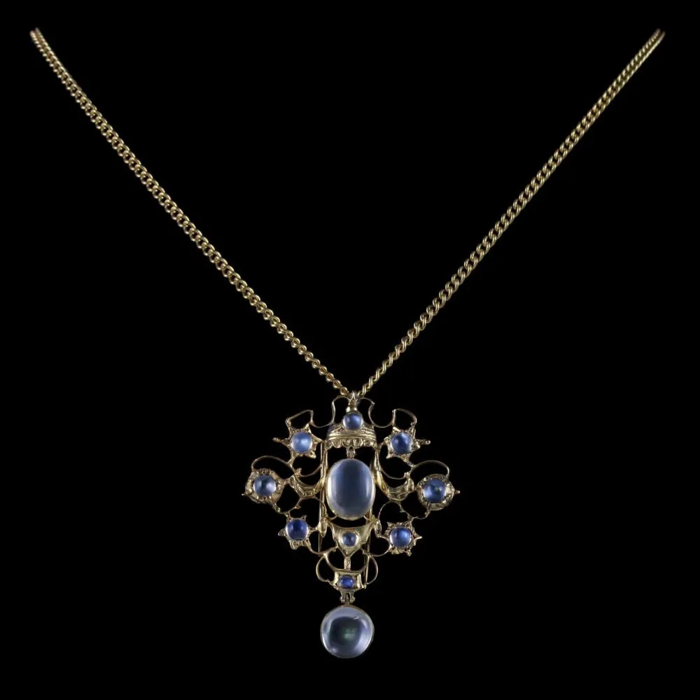 Antique Victorian Moonstone Pendant Necklace Silver Gold Circa 1880