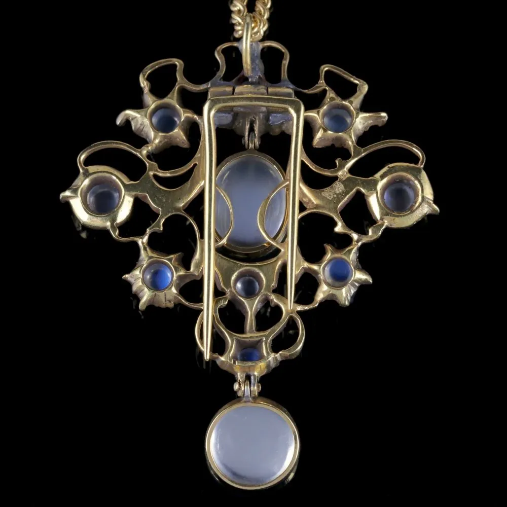 Antique Victorian Moonstone Pendant Necklace Silver Gold Circa 1880