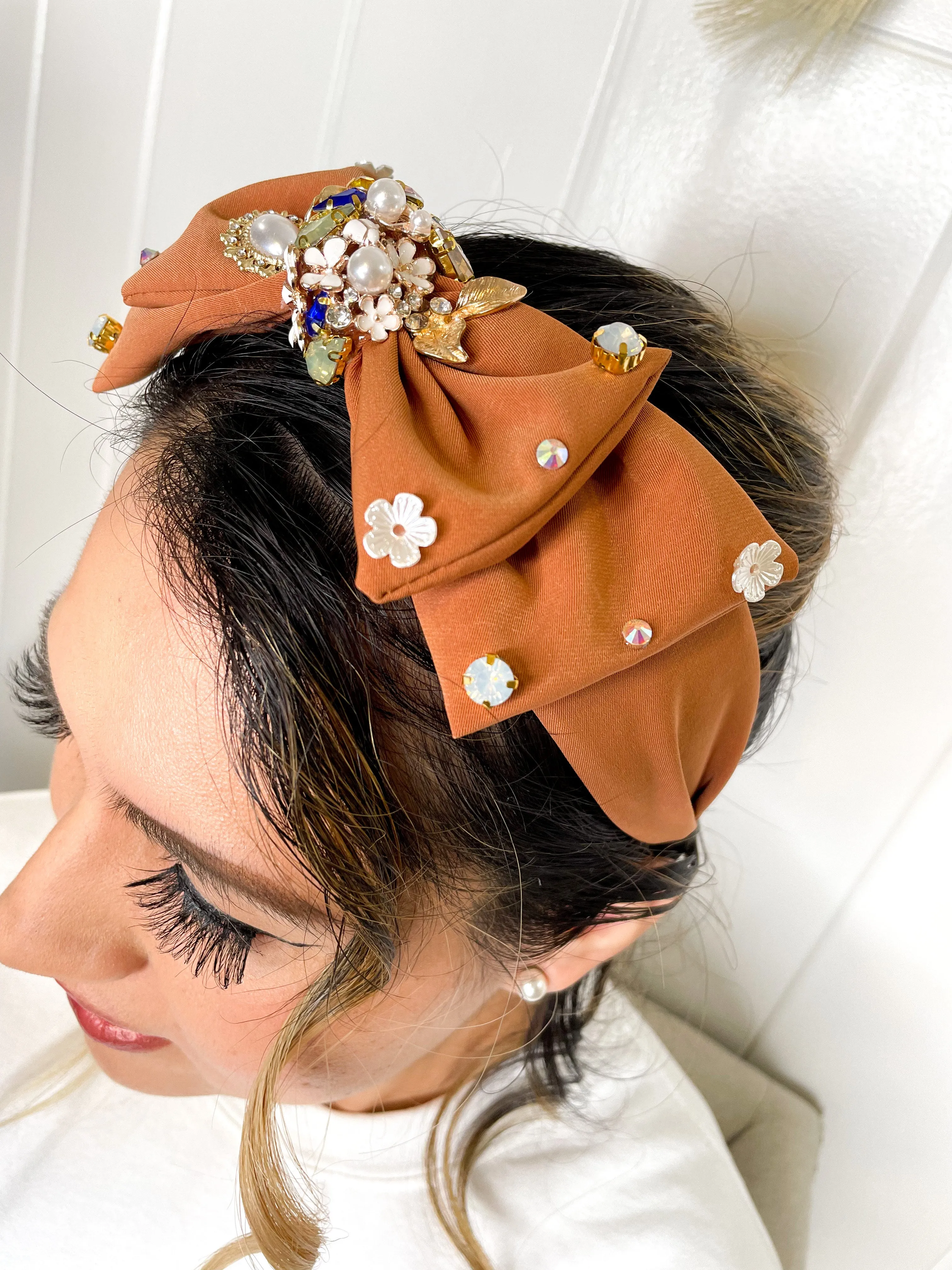 Antoinette Embellished Bow Headband - Mocha Color