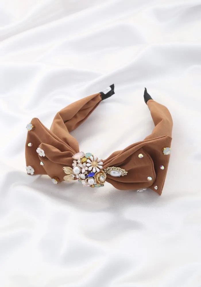 Antoinette Embellished Bow Headband - Mocha Color