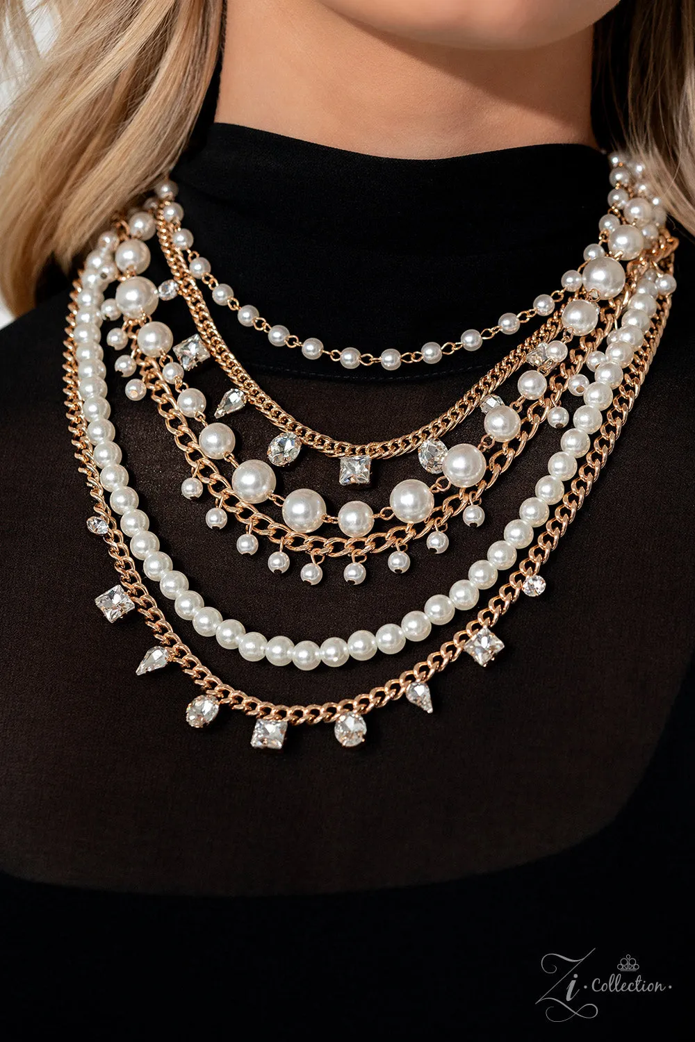 Aristocratic - 2023 Zi Collection - White Pearl and Gem Gold Chain Tiered Paparazzi Short Statement Necklace