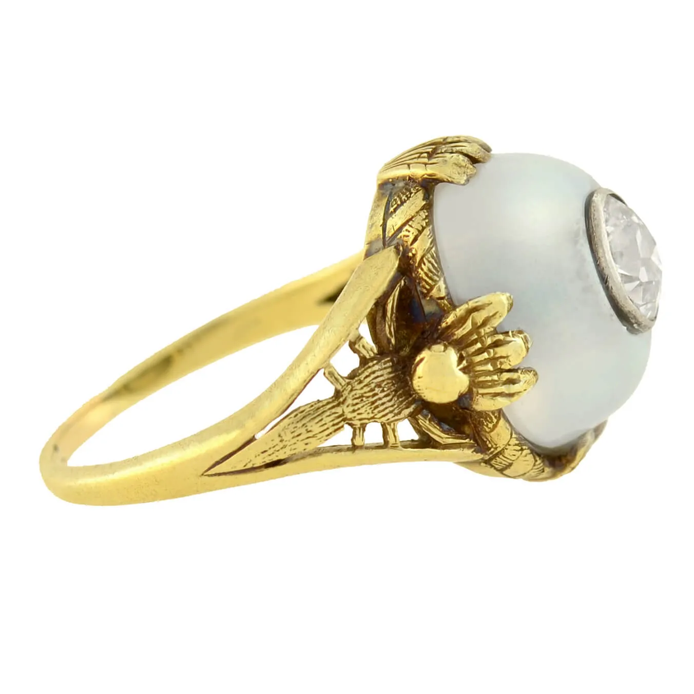 Art Nouveau 14kt Moonstone   Diamond Dragonfly Motif Ring 0.80ct center