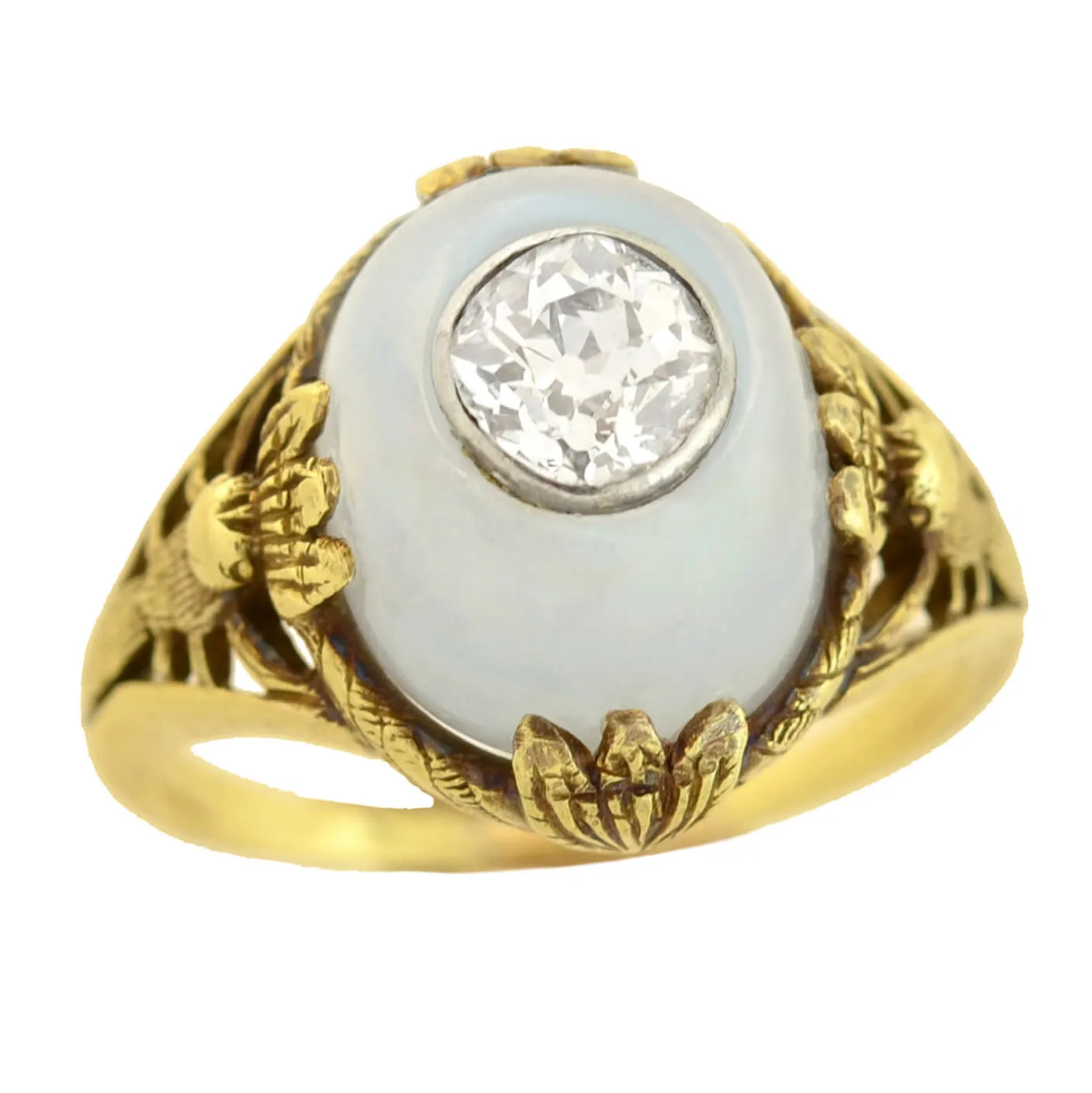 Art Nouveau 14kt Moonstone   Diamond Dragonfly Motif Ring 0.80ct center