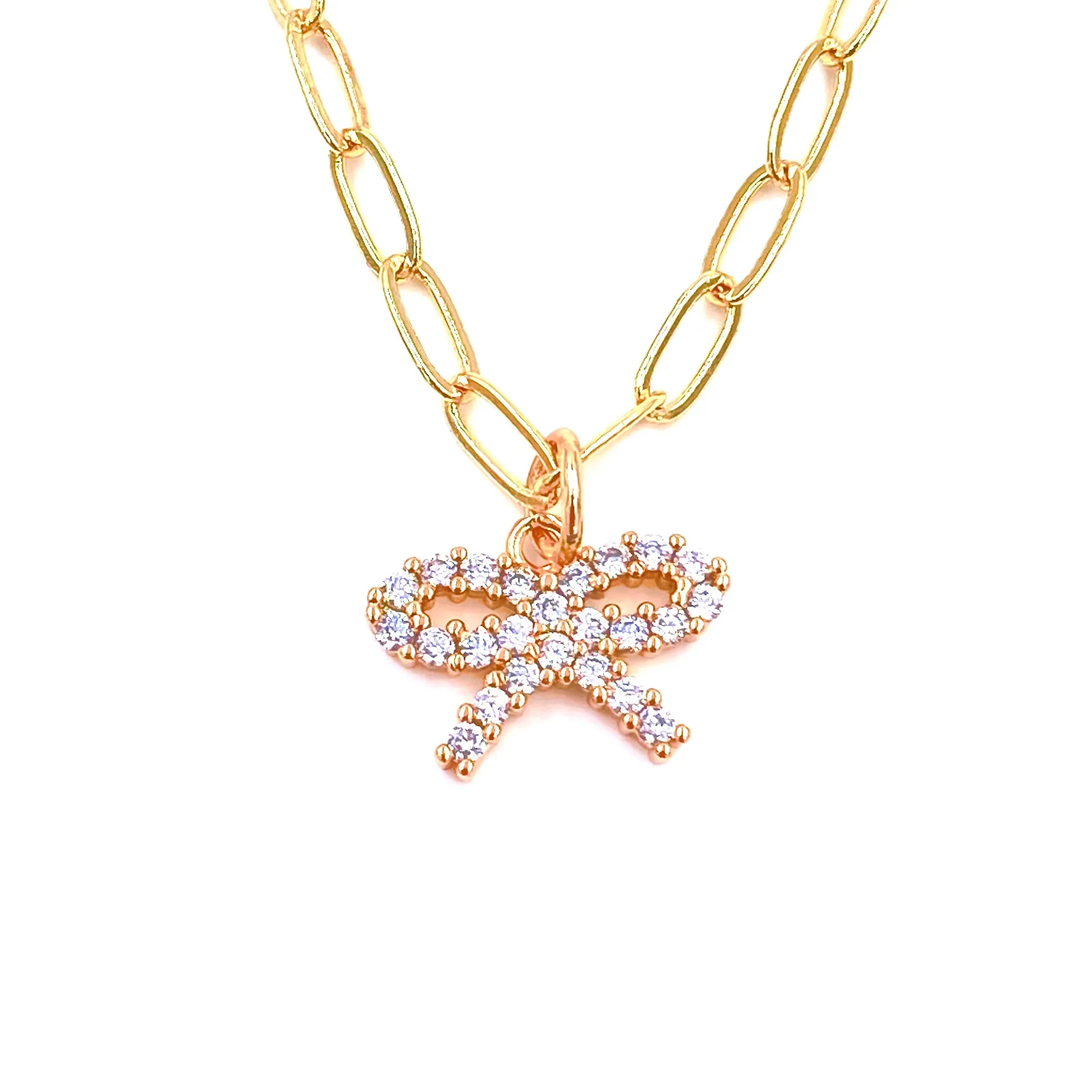 Ashley Gold Stainless Steel Gold Plated CZ Bow Design Necklace